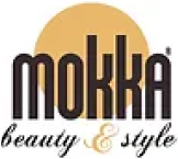 Mokka Logo mit Text: Mokka, beauty & style mit goldenem Hintergrund. Mokka Beauty & Style