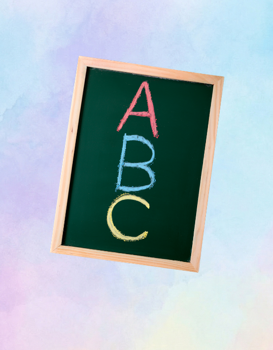 Chalkboard on colorful background with the letters ABC written