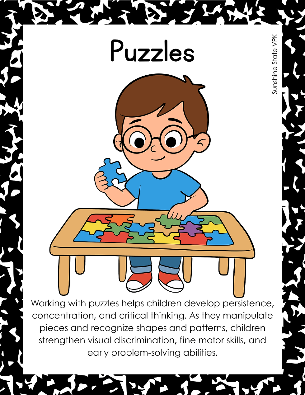 Boy with glasses assembles colorful puzzle at a table; title says Puzzles, with text about building persistence and thinking.