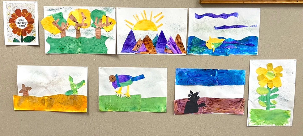 Preschool collaborative art display inspired by The Tiny Seed by Eric Carle featuring colorful collage illustrations created by VPK students.