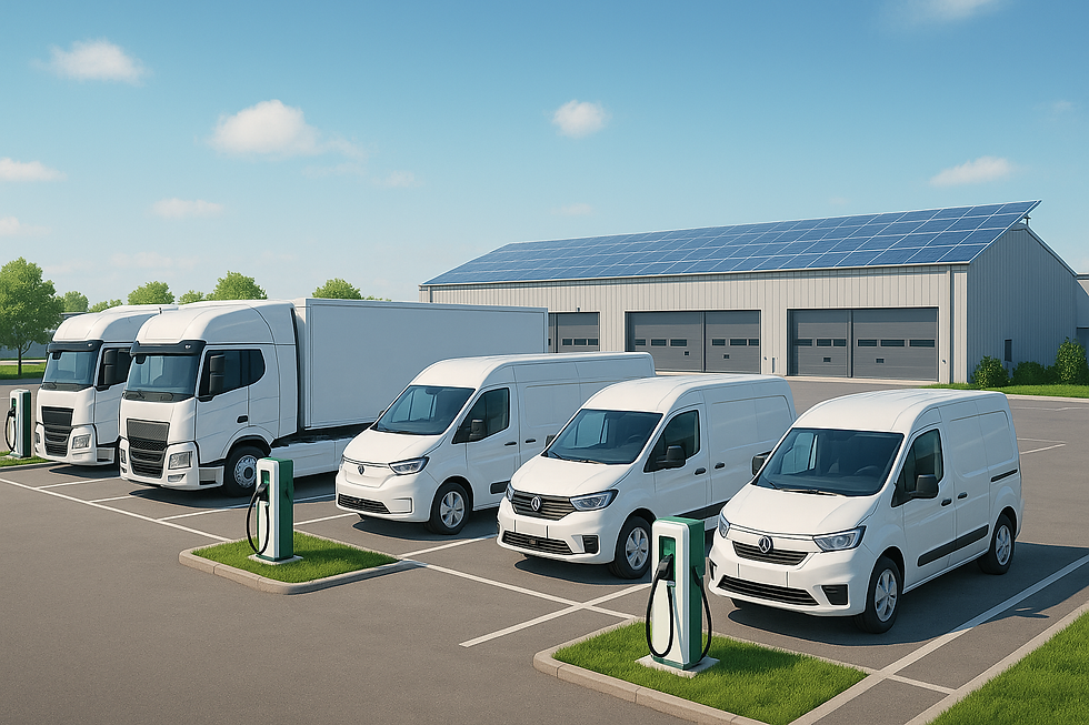 White electric vans and trucks are ready for charging in a parking lot