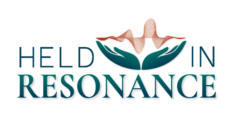 Held in Resonance logo, two hands facing upward holding a sound wave