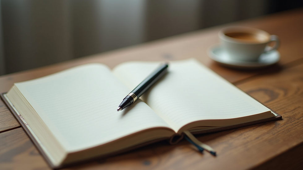 Close-up view of a journal and pen on a wooden table