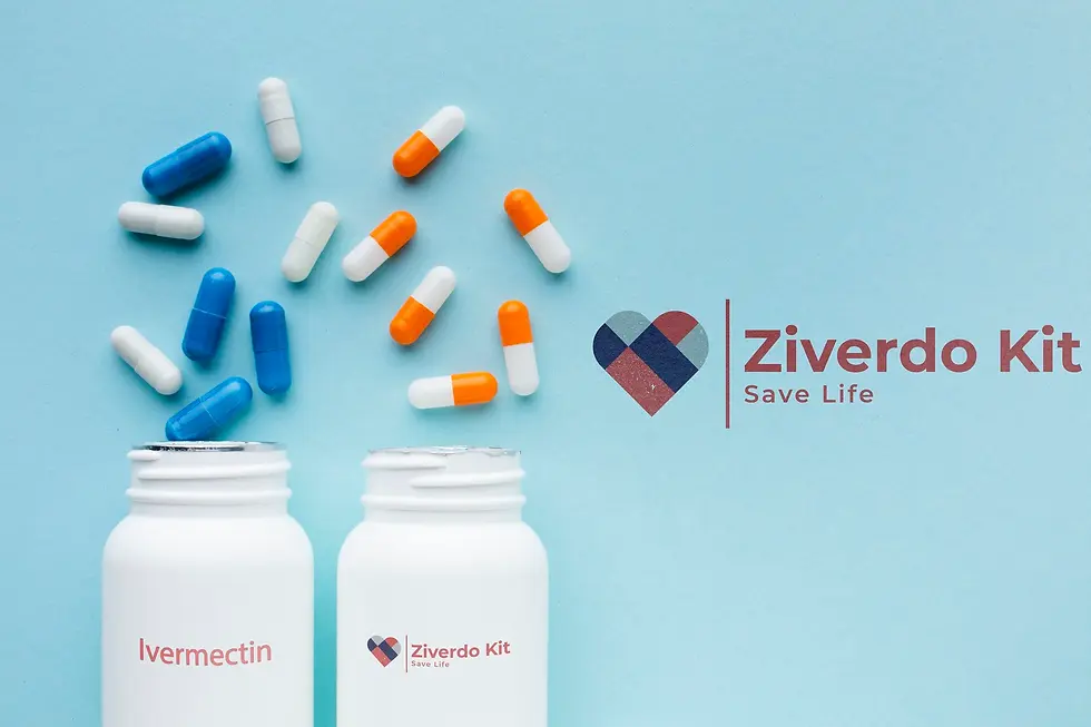 White pills and capsules scattered on a blue background near white bottles labeled Ivermectin and Ziverdo Kit, with a heart logo and text "Ziverdo Kit Save Life".