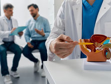 Doctor discusses anatomy using a model while two men talk in the background. Clinical setting, focused, educational mood.