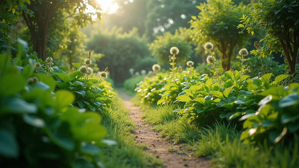 Eye-level view of a lush green garden with diverse plants