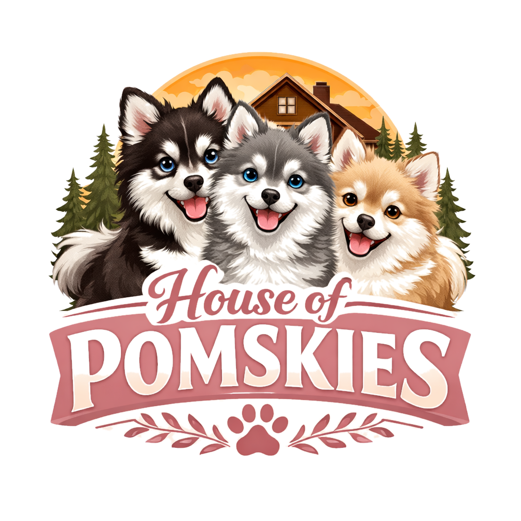 Logo: three cartoon dogs with 'House of POMSKIES' text