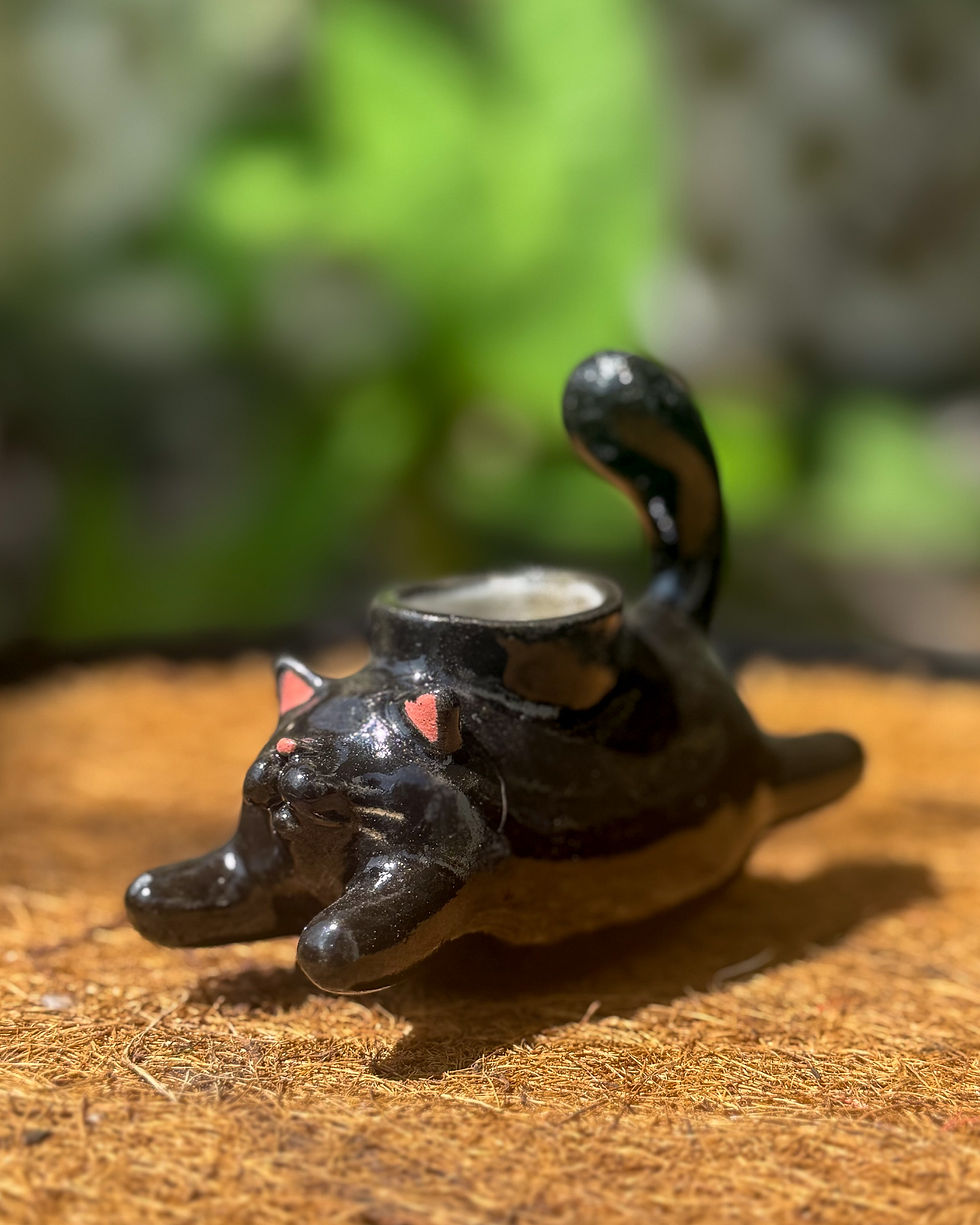 Porta vela gato negro de cerámica, pintado a mano - Agua Complemento Fuego