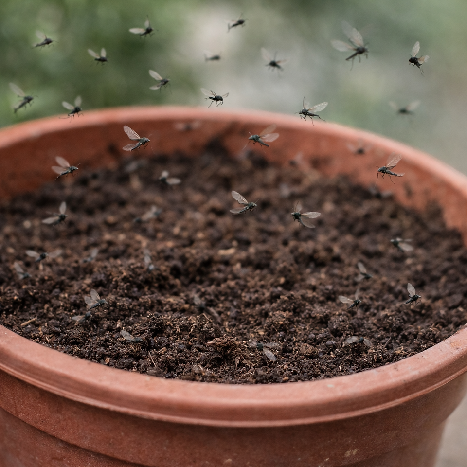 moscas gnat - plagas en plantas - sustrato humedo problema