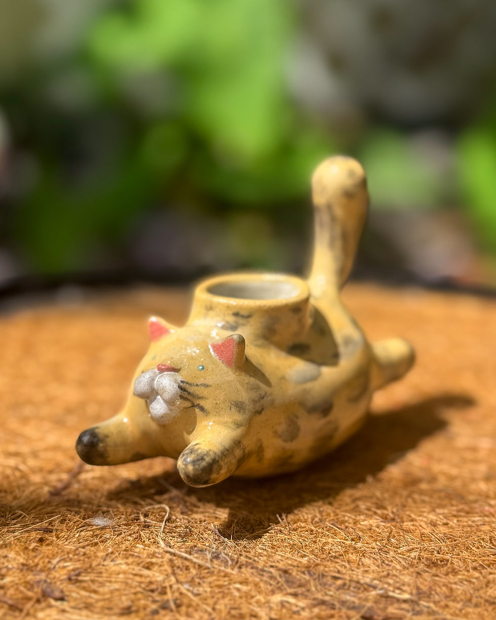 Porta vela gato atigrado de cerámica, pintado a mano - Agua Complemento Fuego