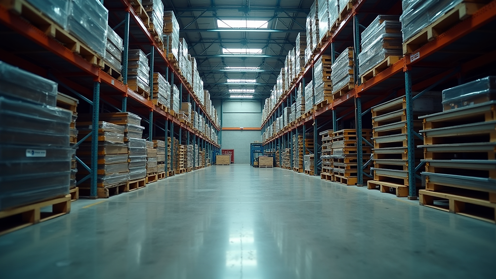Eye-level view of industrial warehouse with stacked equipment