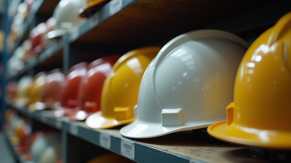Close-up view of industrial safety helmets arranged on a shelf