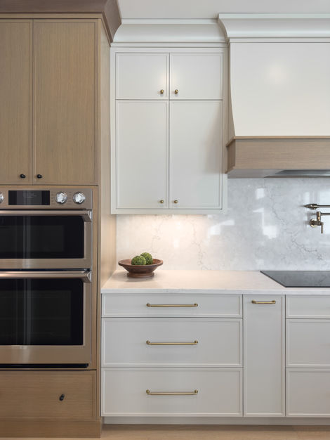 Modern kitchen with built-in double ovens and white cabinets