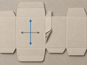 Illustrative folding-carton dieline showing machine direction and cross direction arrows across a flat paperboard blank