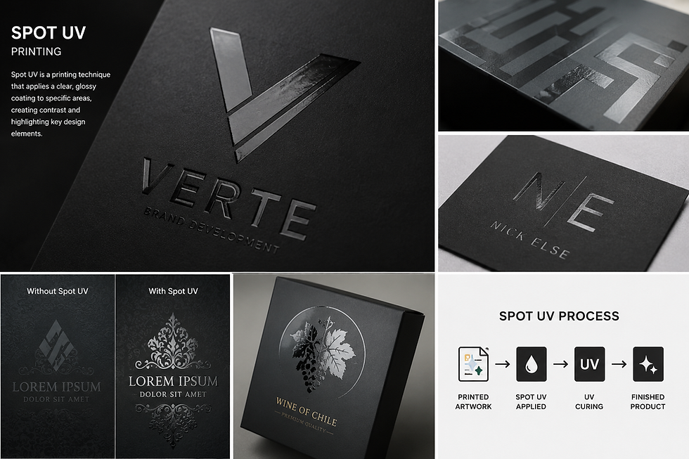Spot UV printing on custom packaging box showing glossy highlights on a matte surface