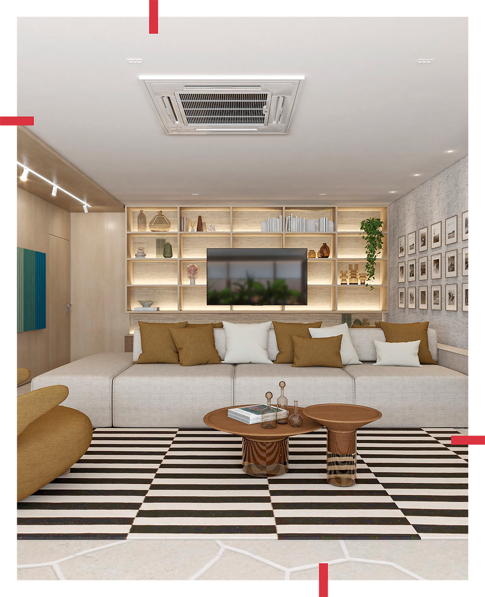 Sala de estar do Projeto A+H em Maringá – apartamento de 245m² com design de interiores contemporâneo, tons neutros, madeira e mármore, criado pelo Kendy Kobayashi Arquitetos