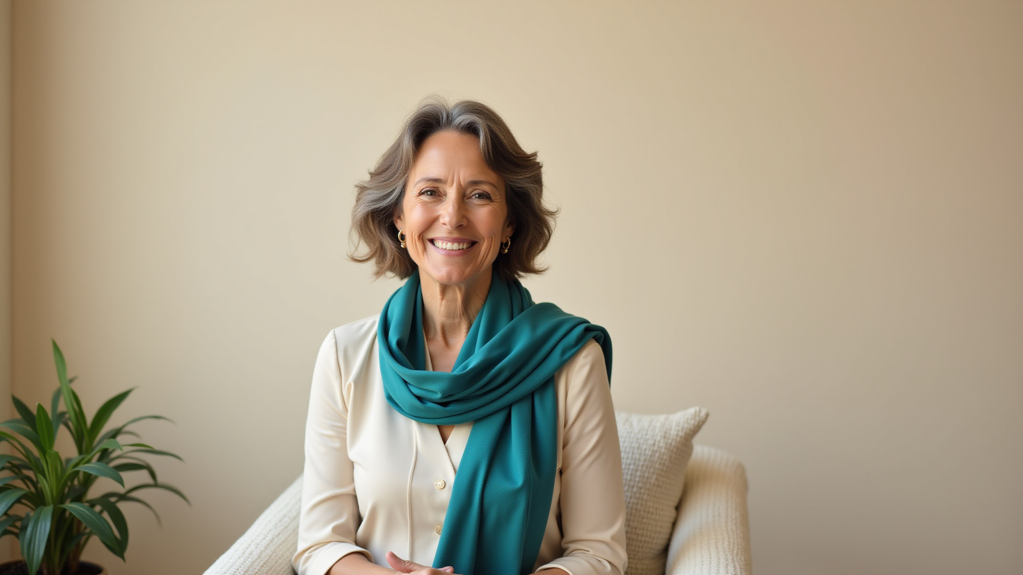 Woman in her 60's Smilling and at peace that her funeral arangments are complete