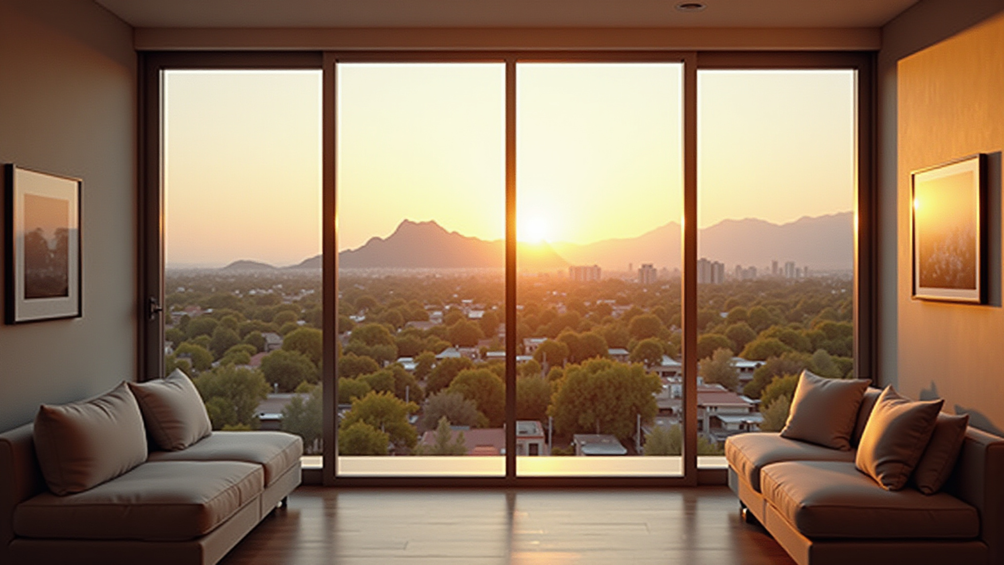 floor to ceiling windows with the sun over the horizon, could be sunrise or sunset, endings and begginings