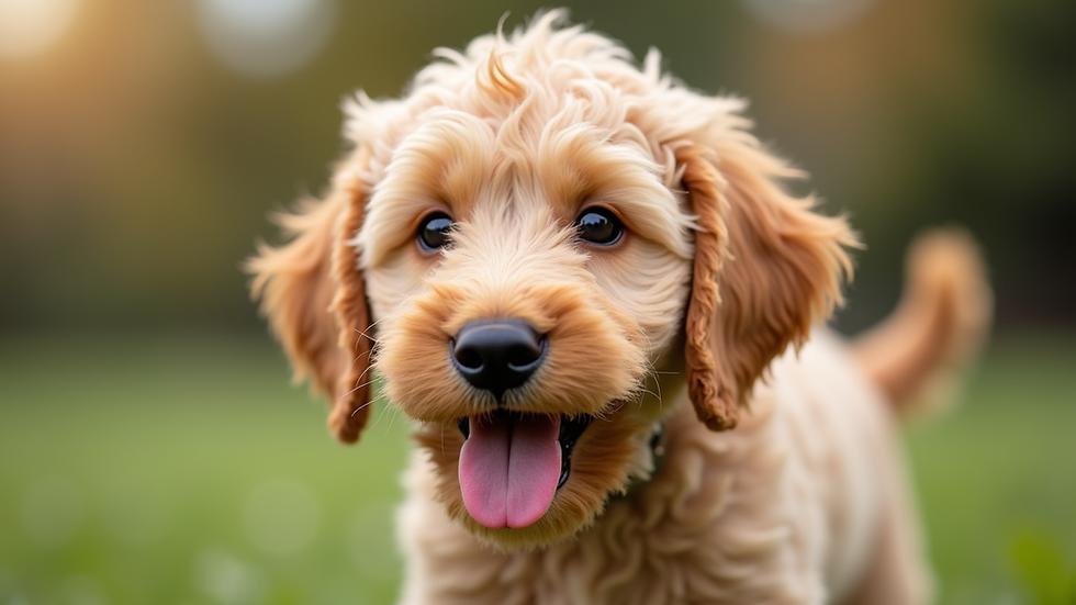 Close-up view of a playful Goldendoodle puppy with a wagging tail
