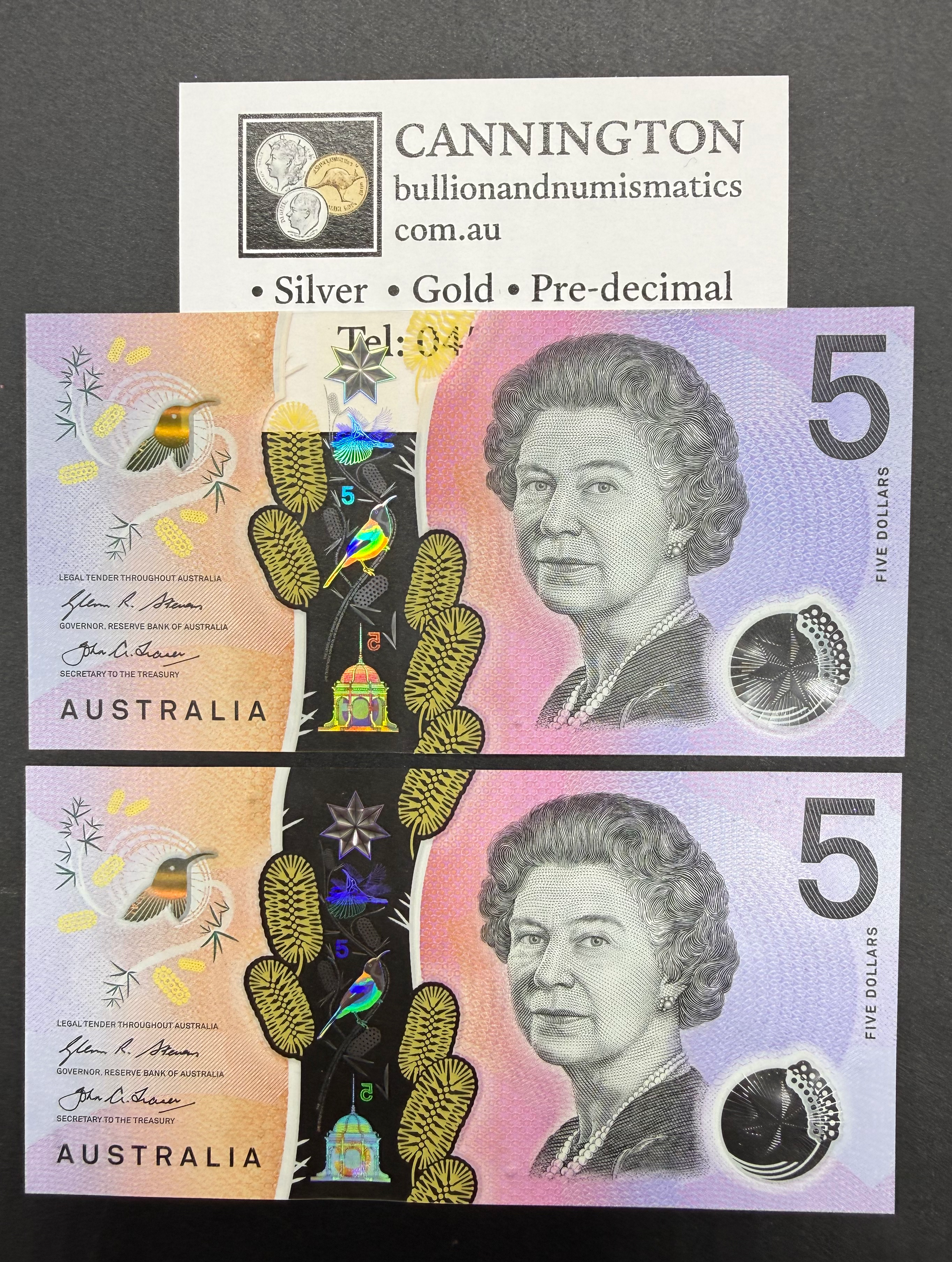 2X 2016 $5 Stevens/Fraser UNC banknotes with consecutive serial numbers