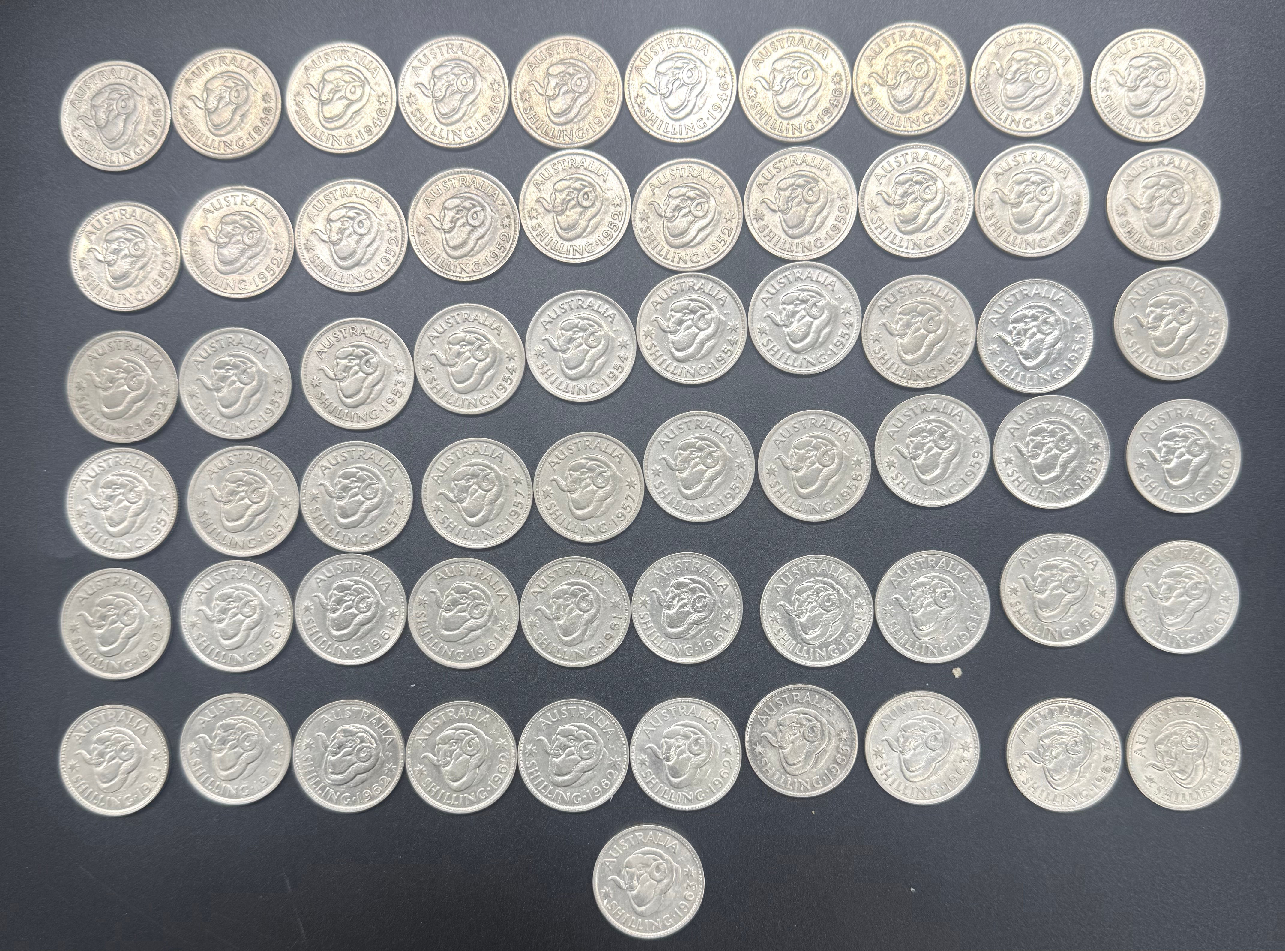 Australian Silver Shillings 50% Bulk Lot x61 Incl 1946 Dot Perth WA 