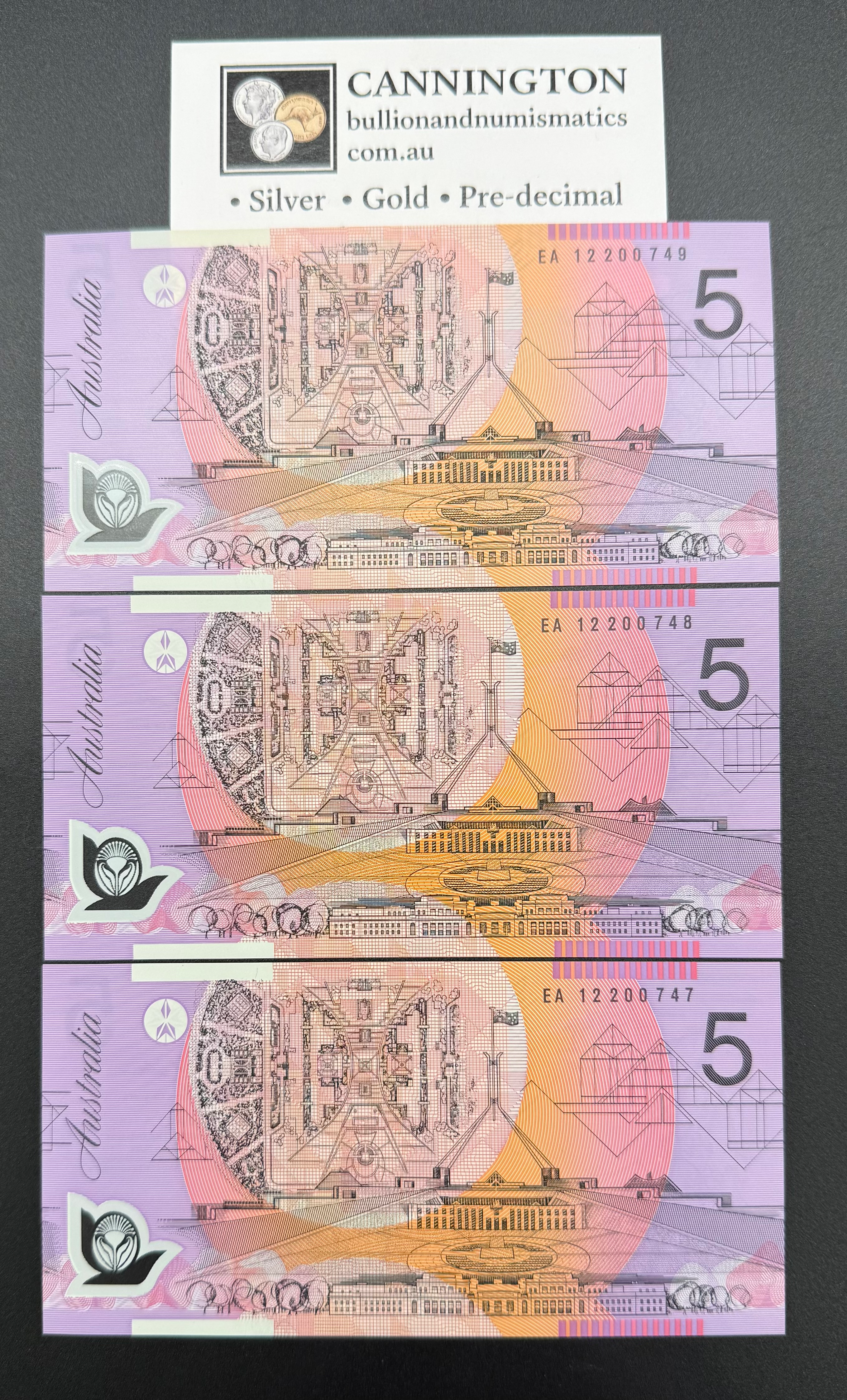2012 $5 banknote Stevens/Parkinson Last Prefix R22aL 3X UNC consecutive serials