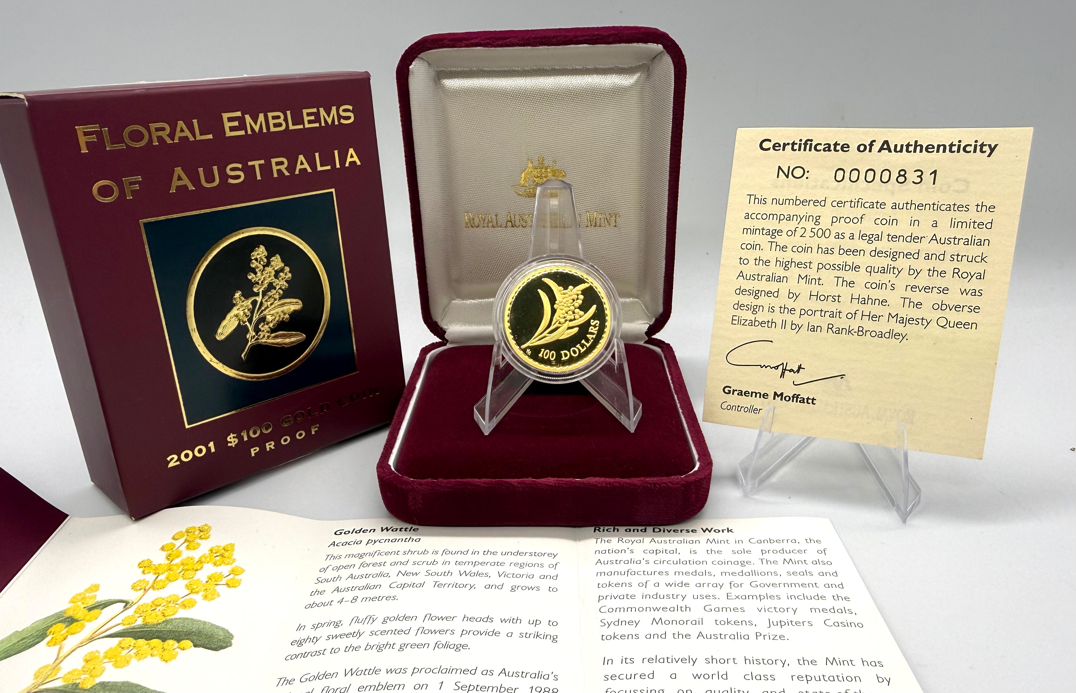 2001 RAM Floral Emblems of Australia $100 1/3oz Gold Proof Coin Perth 2,500 mint