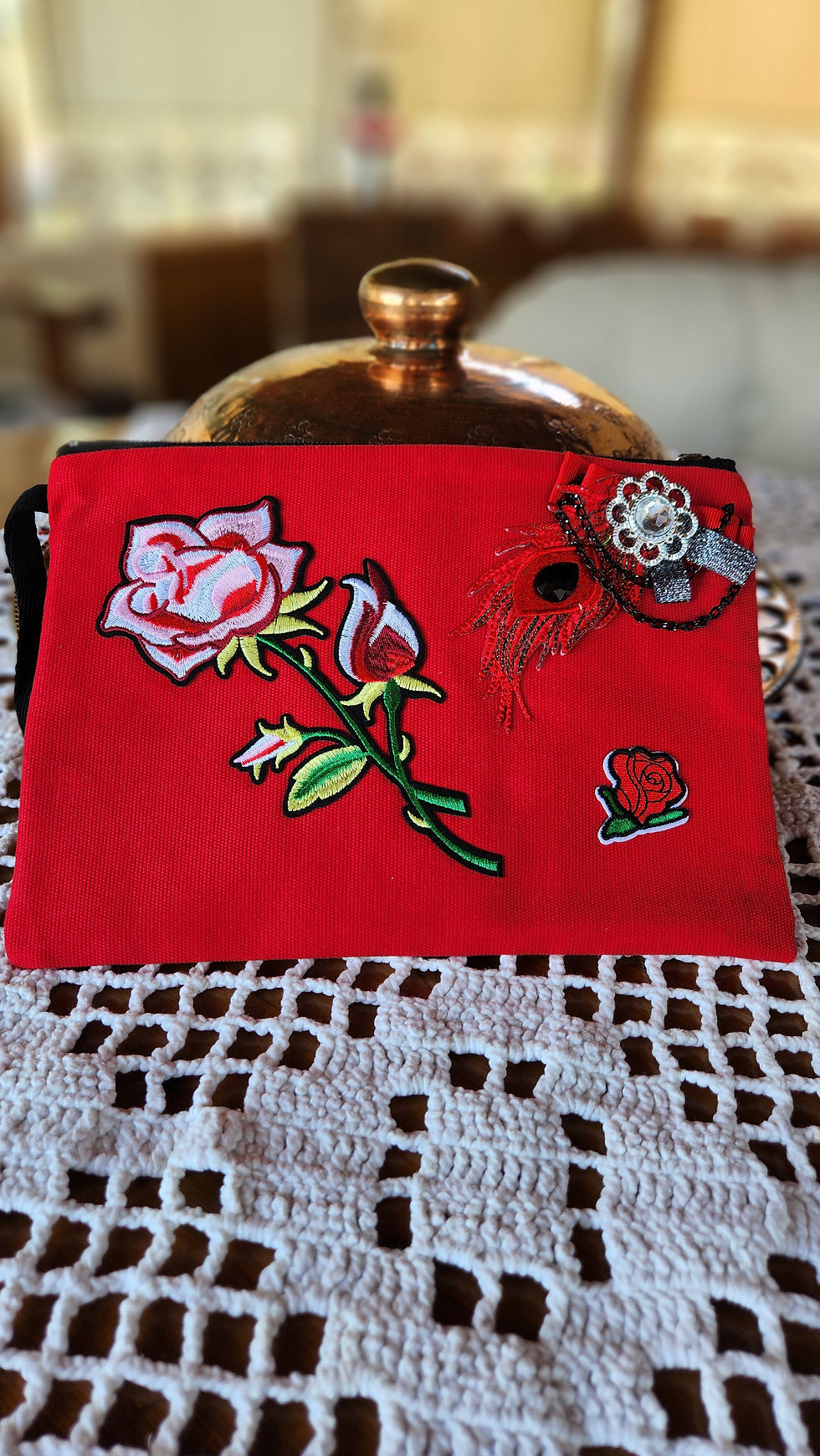 Küçük resim: Özel Tasarım Astarlı Clutch Bez Nakış ve Armalı Portföy El Makyaj Plaj Çantası