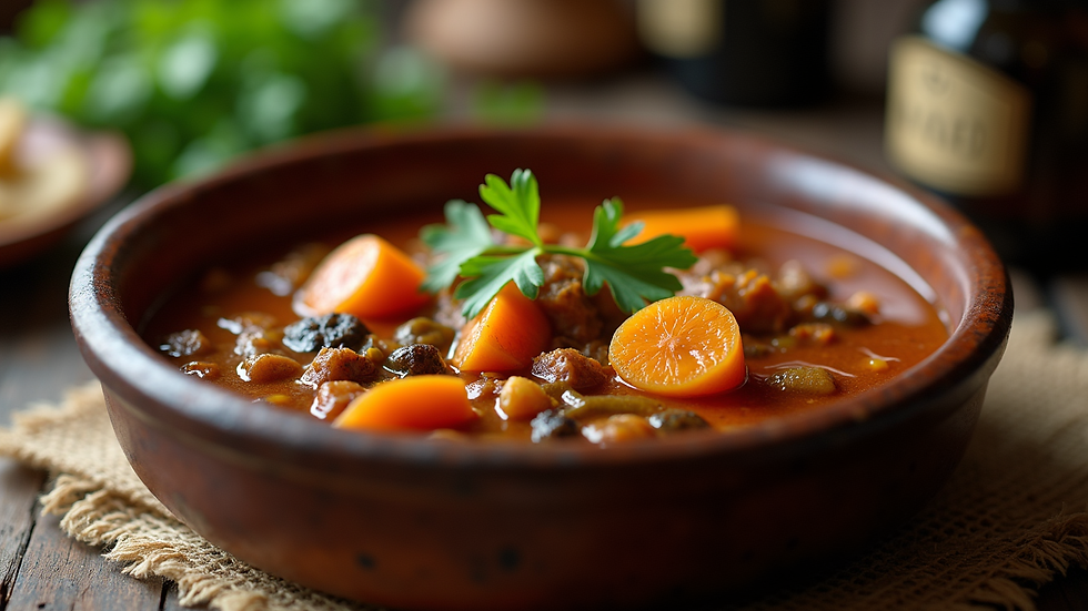 Close-up view of a traditional Irish stew in a rustic bowl