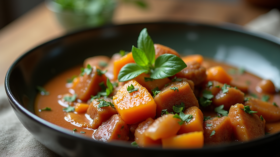Eye-level view of a beautifully plated Irish stew with fresh herbs