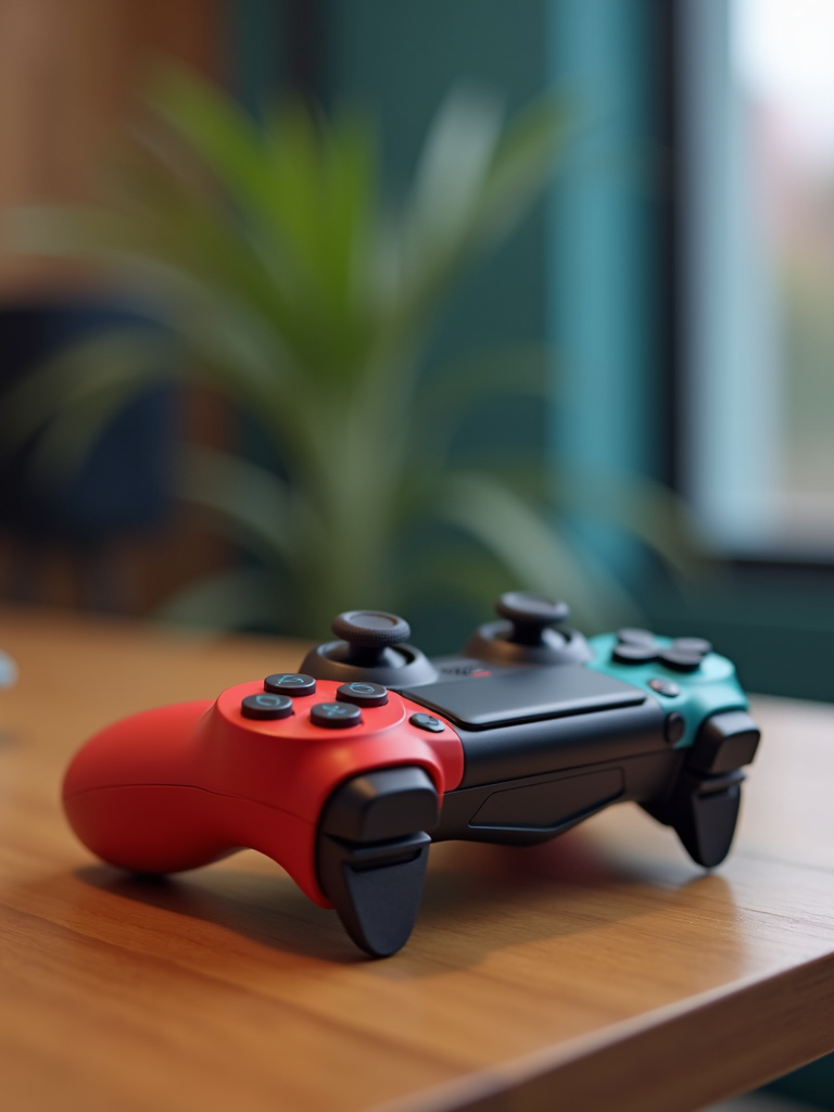 A modern sleek video game controller illuminated by neon light on a dark surface.