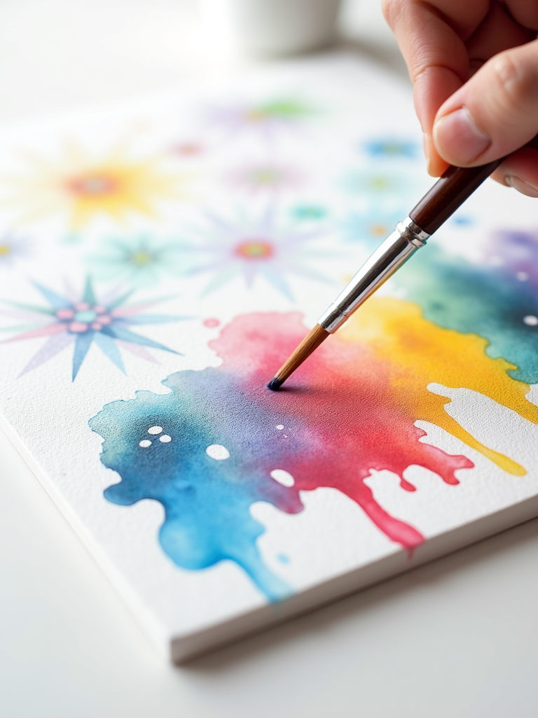 A selection of bright watercolor paints and brushes resting on a clean white painting canvas.