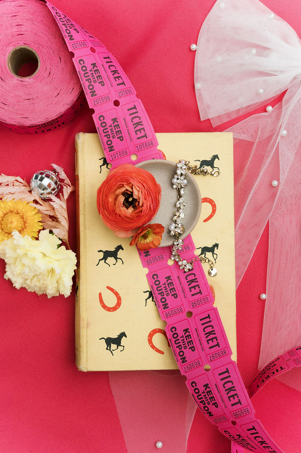 hot pink flatlay of wedding details