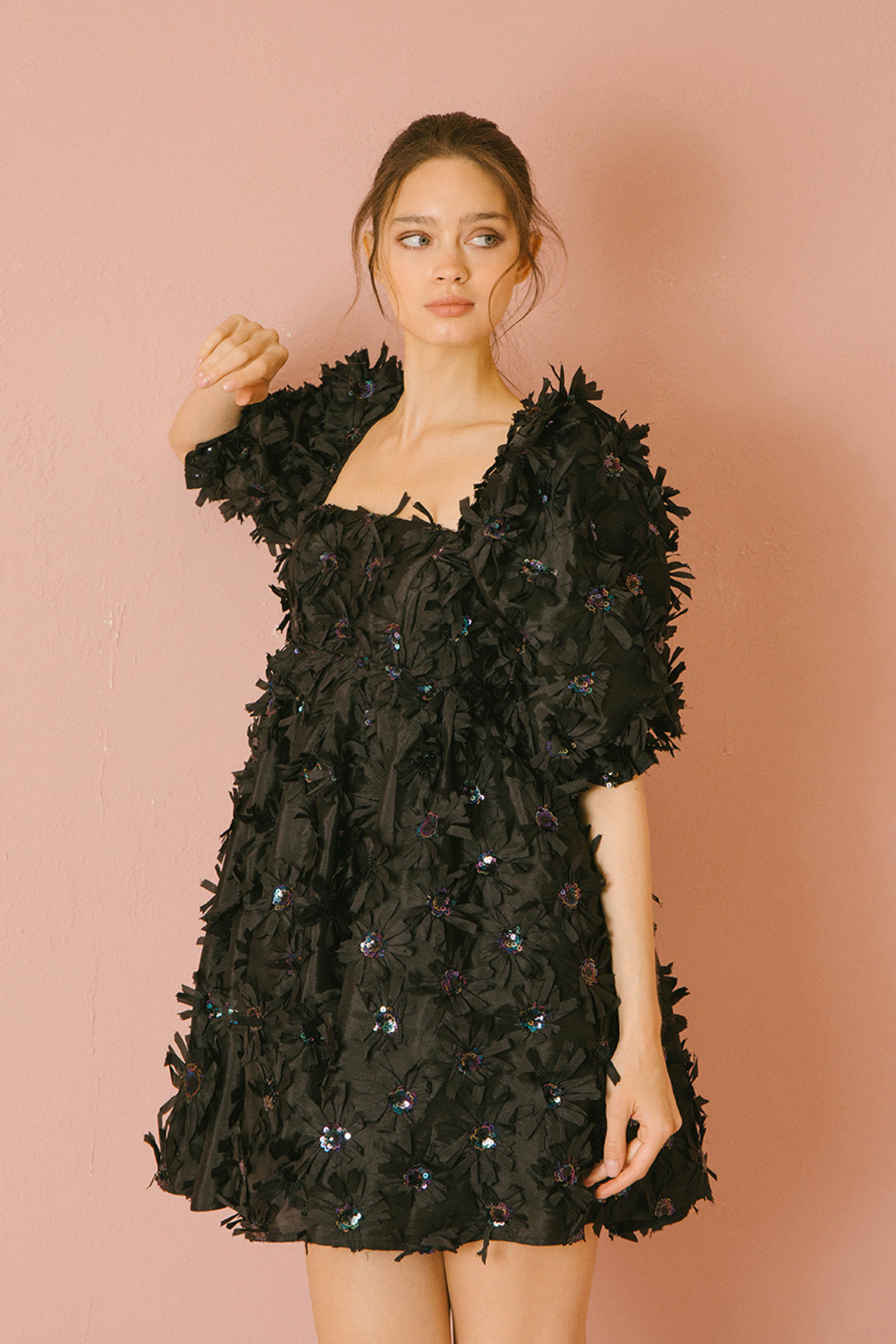 JD2443-11 Black Sequin Baby Doll Mini Dress