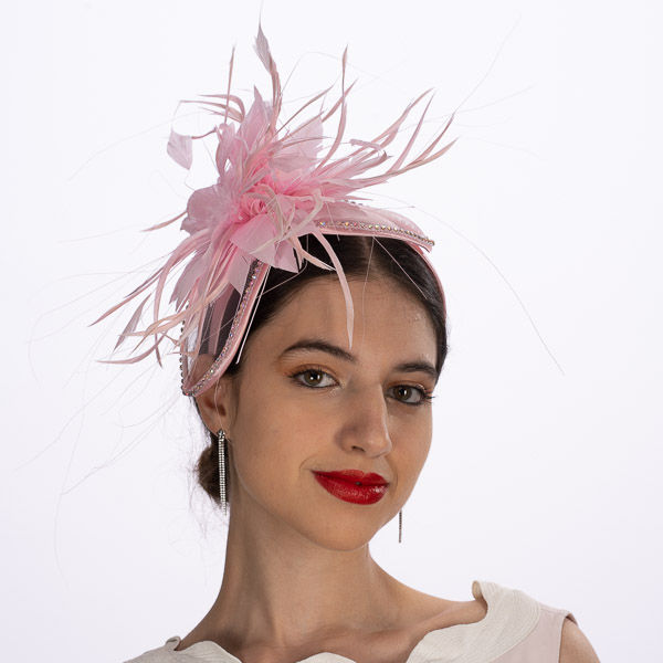 Thumbnail: FASC-AJ731HV Fascinator crinoline stone leaves, 7"feather flower 1"headband