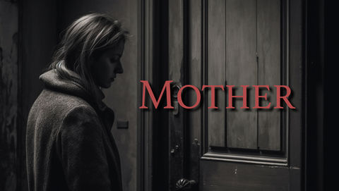 Woman stands sadly near door; text reads: MOTHER