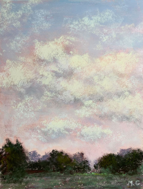 A soft pastel painting of a field with clouds and woodland in the distance.