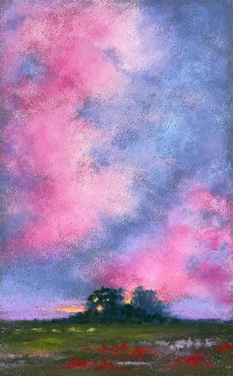 A soft pastel painting of a field with clouds and woodland in the distance at twilight.
