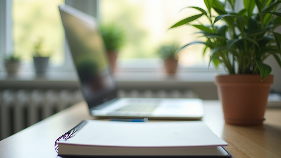 Eye-level view of a serene workspace with a notebook and a plant