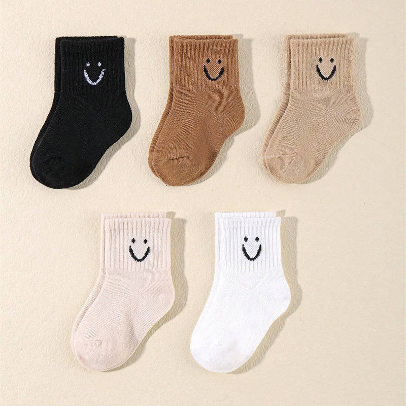 Thumbnail: 10 pairs of cute solid-color smiling face pattern children's mid-calf socks, sui