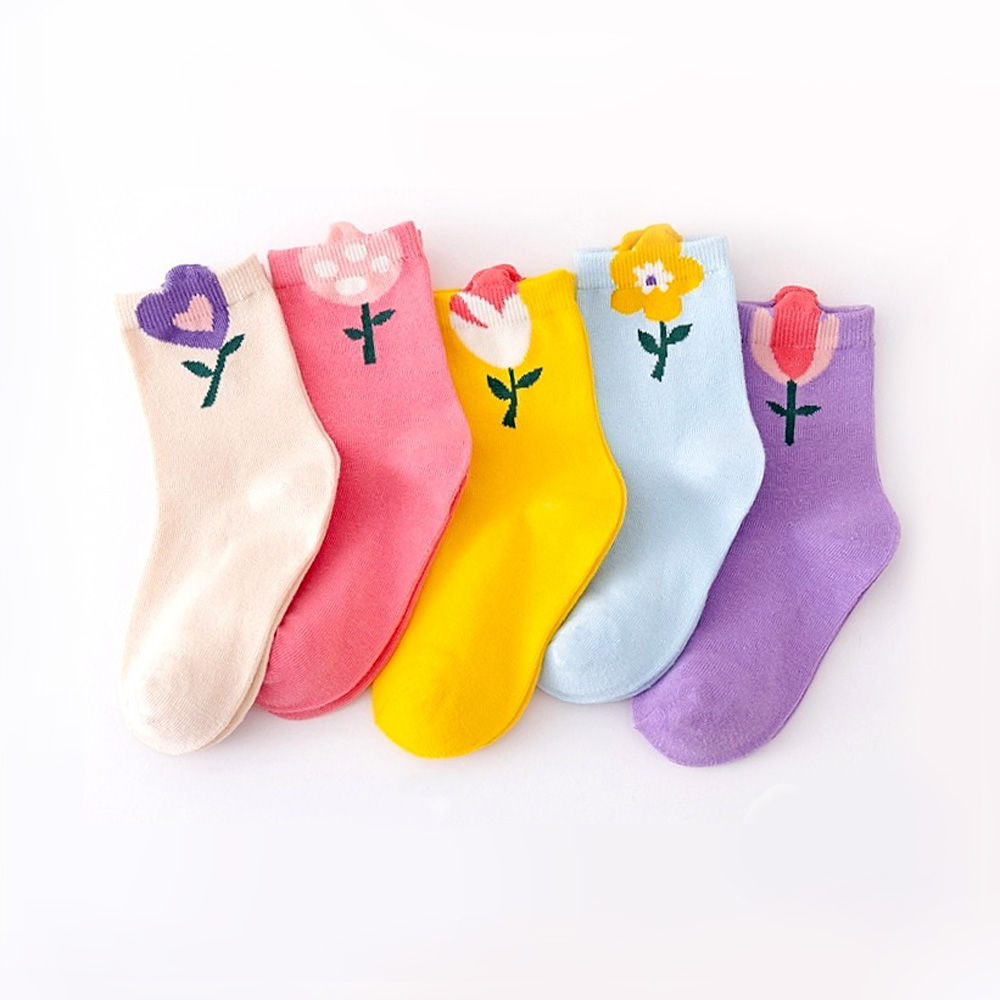 5 Pairs Girls Socks Cute Cartoon Flower Pattern Comfortable Breathable Kids Sock
