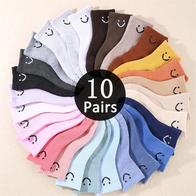 Thumbnail: 10 pairs of cute solid-color smiling face pattern children's mid-calf socks, sui