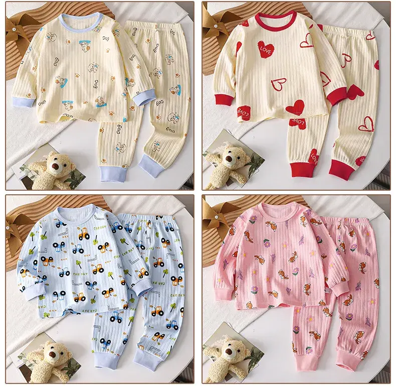 Thumbnail: Kids Boys Girls Pure Cotton Warm Pajamas Cute Cartoon Long Sleeve T-Shirt + Pant