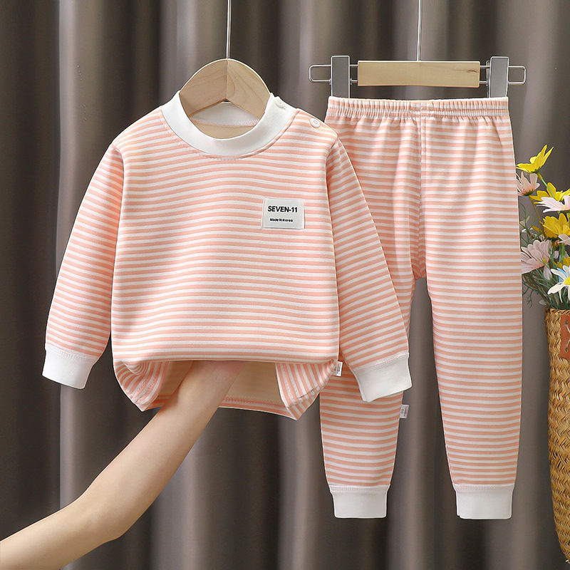 Thumbnail: 0-5-year-old baby plush children's pajamas solid color long sleeved pants breath