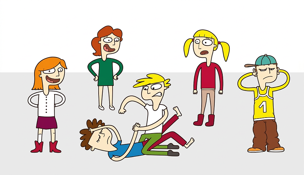 Digital illustration of two boys caught in a cartoonish scuffle while two girls observe. The scene depicts playful conflict.