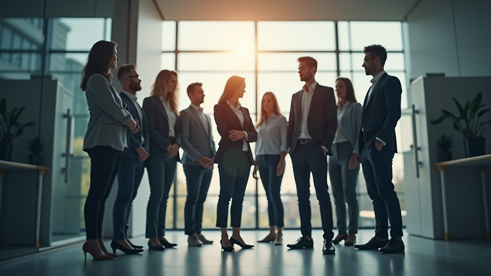 Eye-level view of a corporate team standing together in an office environment