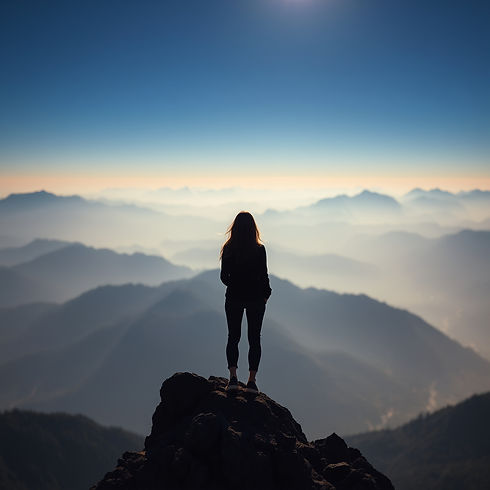 A cinematic image of a female standing alone on the peak of a mountain, seen from behind o