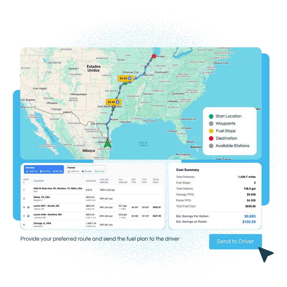 Fleet fuel optimizer software map showing recommended fuel stops based on route and pricing data