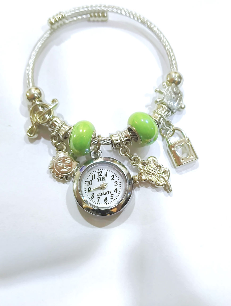 Stainless Steel Beaded Green Charms Adjustable Quartz Watch Bracelet | Trendy Charm Cuff Bangle for Women & Girls