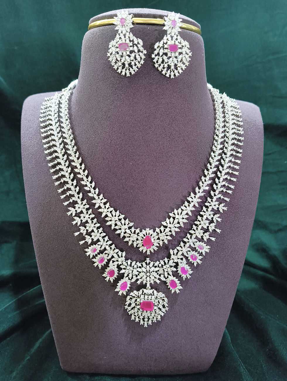 Silver Plated Ruby CZ Double Layered Necklace Set